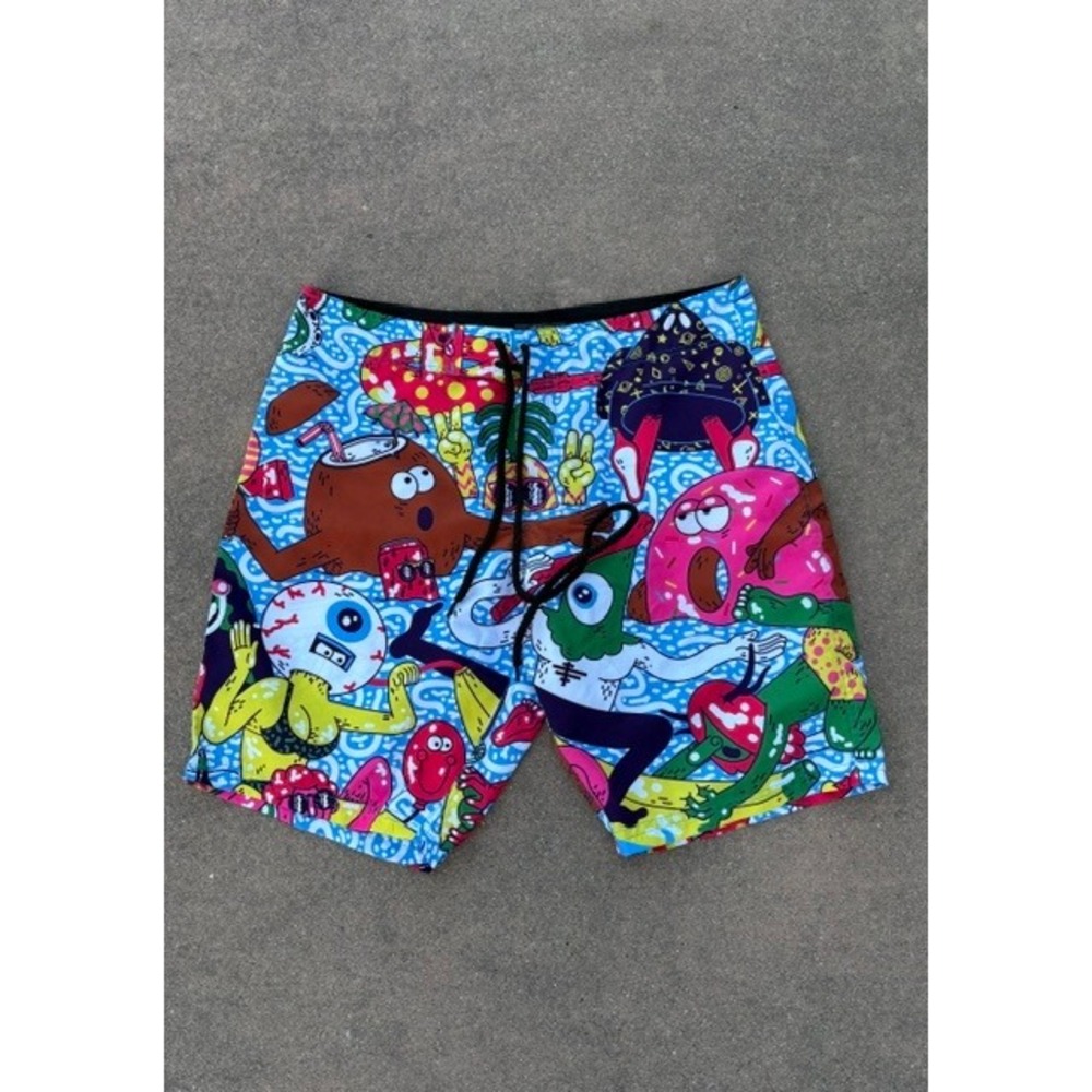 Mad Decent Boat Party Sun and Sand Shorts Mens Small Multicolor Cartoon Doodle